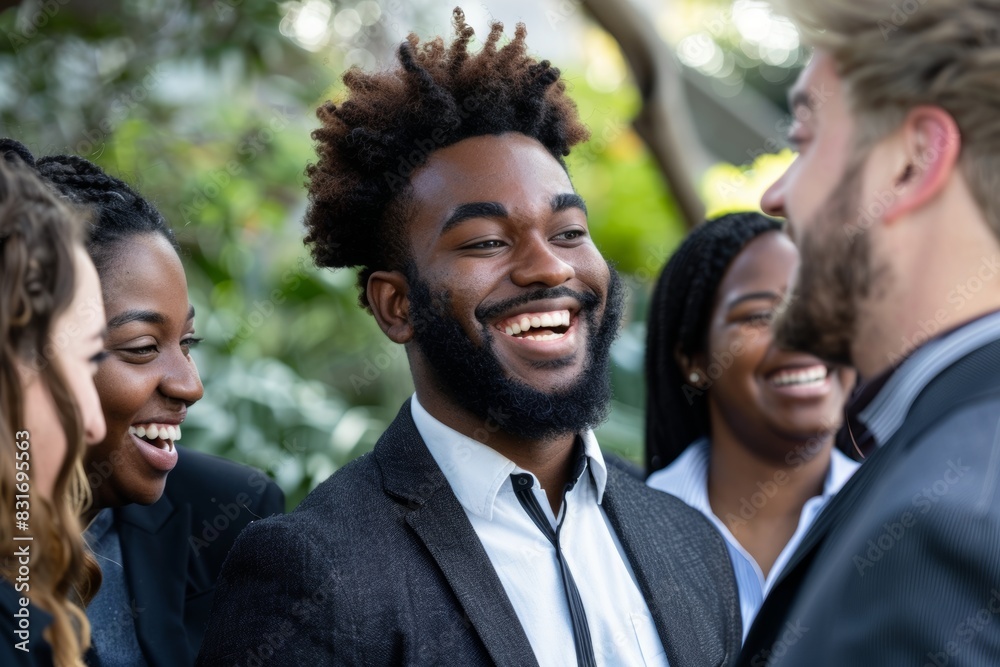 Group of diverse business people laughing together in the street. Multiethnic group of business people standing together in the city. Group of diverse business people laughing together in the street. Multiethnic group of business people standing together in the city.