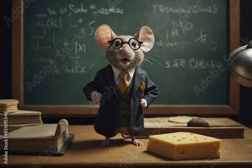 Fantasy image of a mouse teacher standing at a chalkboard, wearing glasses and a tiny suit