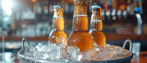 Close-up of cold beer bottles in an ice bucket  droplets on the bottles  metal bucket  bar blurred background