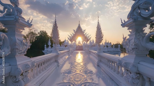 Mesmerizing Wat Rong Khun Temple Reflecting in Sunset Glow photo