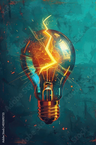 A light bulb illustration with a lightning bolt striking it, representing a brilliant idea, on a calming teal background. Perfect for showcasing innovation and creative solutions.