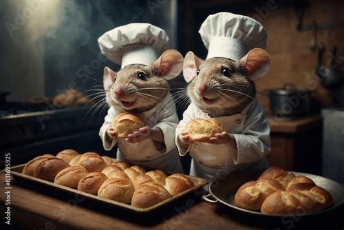 Fantasy image of a mouse baker in a chef’s hat and apron, holding a tray of perfectly baked tiny bread