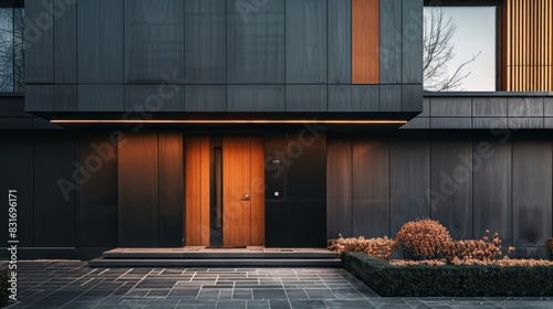 The Dark Exterior Of A Modern House With A Bright Orange Door. photo