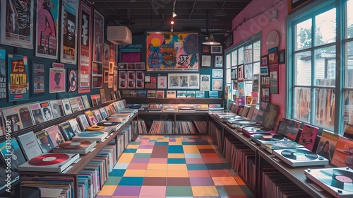 An interior background of a groovy, retro record store with vinyl records on display