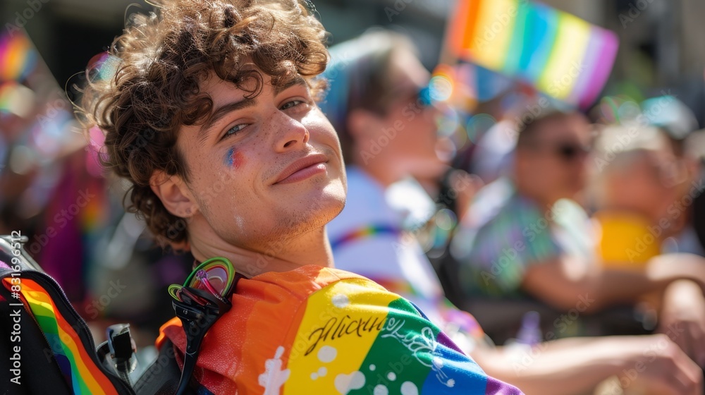 Embracing Diversity: Young Disabled Man in Rainbow Shirt at Pride Parade