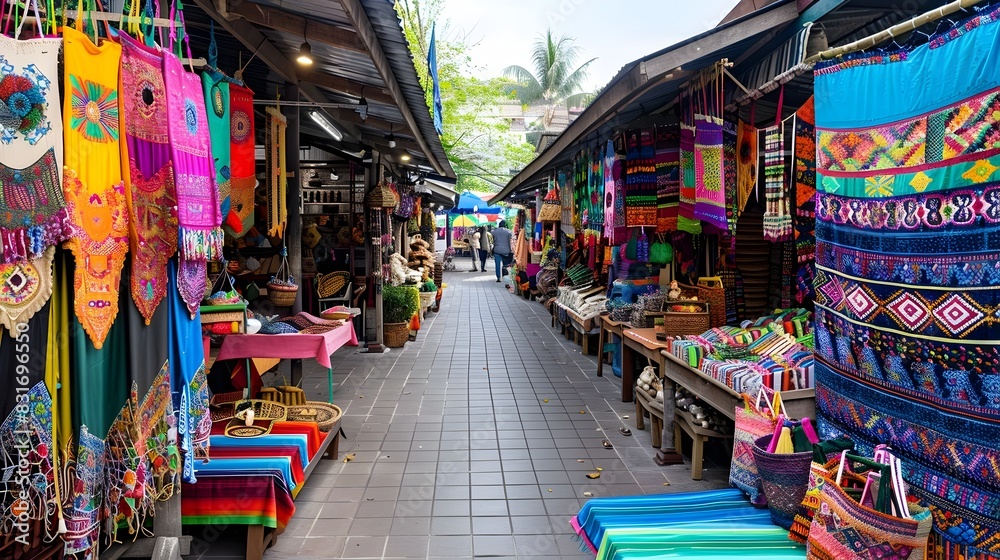 Obraz premium Vibrant Artisanal Market in Chiang Mai Showcasing Local Handicrafts and Textiles
