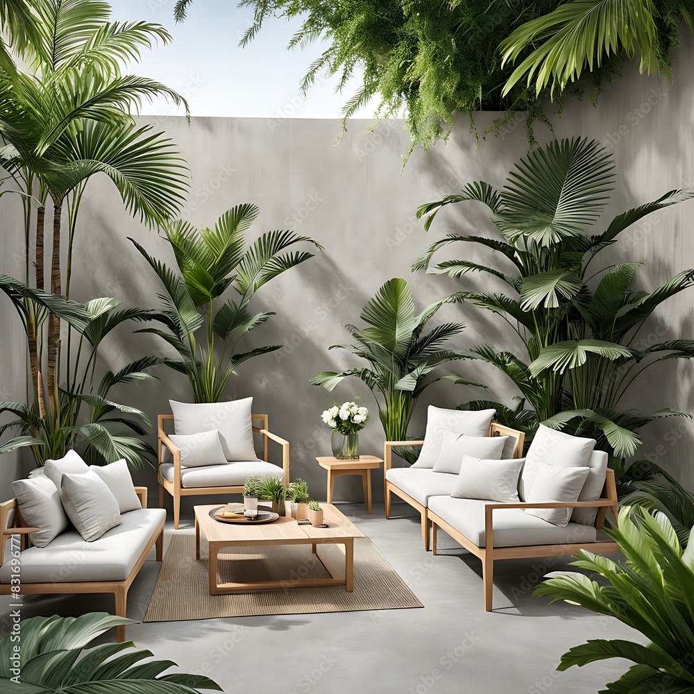 Obraz premium Terrace with outdoor furniture - sofa and armchair. Shade gazebo and palm trees. Exotic backyard garden. Sunny day on the veranda patio. 3d rendering 