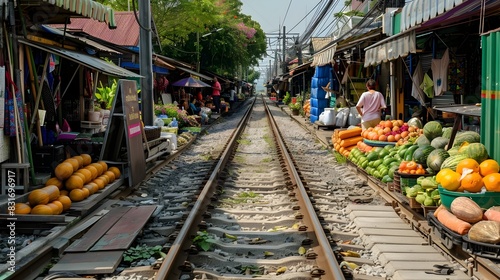 Bustling Railway Market in Scenic Thai Locale