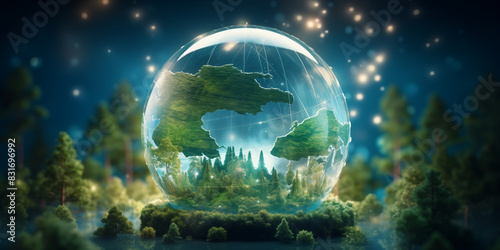 Earth in a glass orb with a forest inside, surrounded by glowing lights. Digital art. Environmental and nature preservation concept. Design for poster, wallpaper.