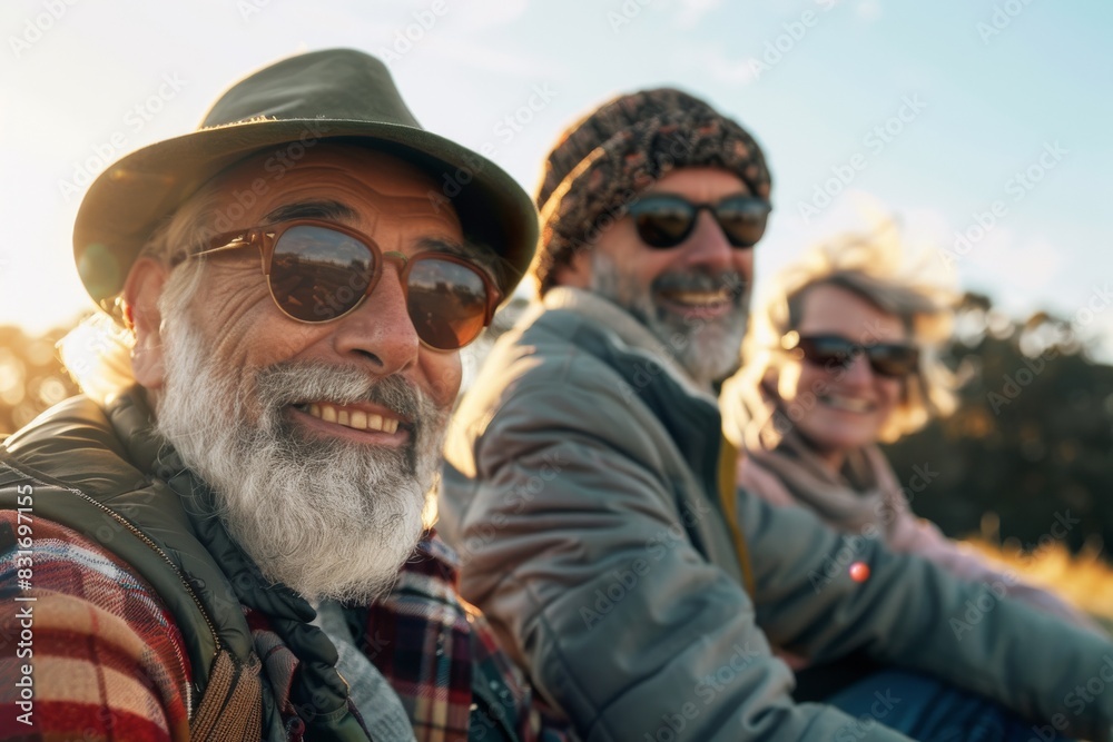 Group of senior friends hiking in nature. Group of seniors having fun outdoors. Group of senior friends hiking in nature. Group of seniors having fun outdoors.