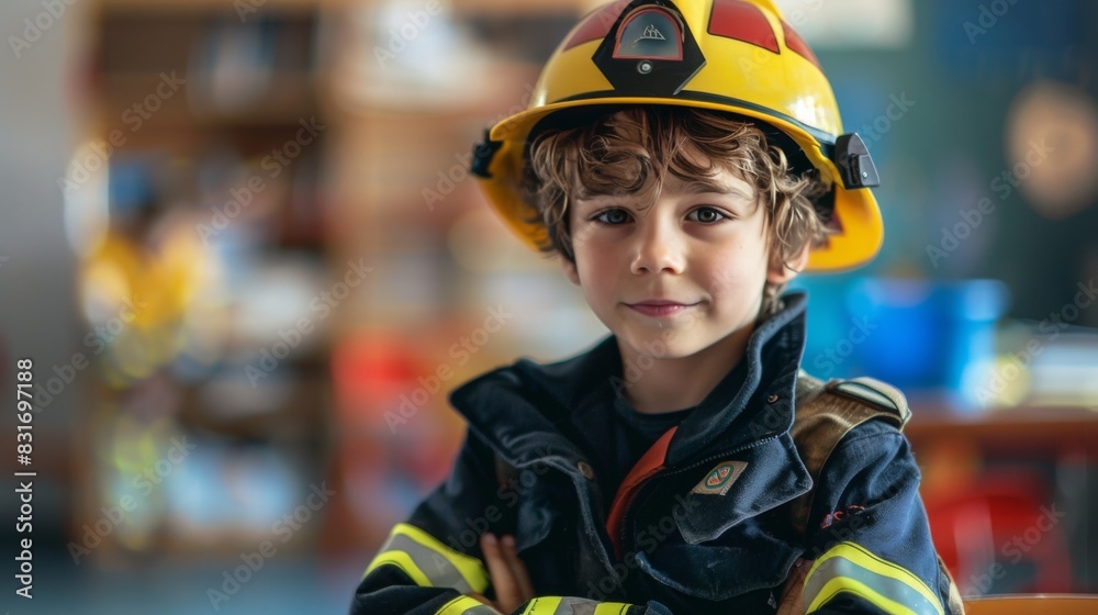 a little boy in a firefighter suit against a blurred school classroom background, the aspirations and imagination of children, ideal for themes of career exploration and educational development a little boy in a firefighter suit against a blurred school classroom background, the aspirations and imagination of children, ideal for themes of career exploration and educational development