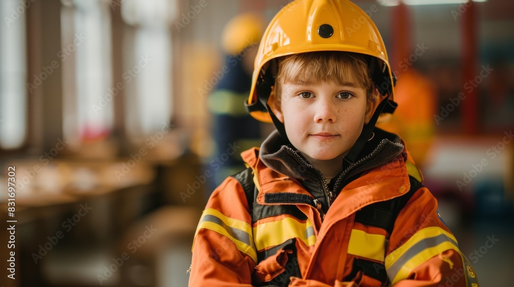 a little boy in a firefighter suit against a blurred school classroom background, the aspirations and imagination of children, ideal for themes of career exploration and educational development a little boy in a firefighter suit against a blurred school classroom background, the aspirations and imagination of children, ideal for themes of career exploration and educational development