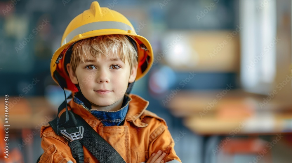 a little boy in a firefighter suit against a blurred school classroom background, the aspirations and imagination of children, ideal for themes of career exploration and educational development a little boy in a firefighter suit against a blurred school classroom background, the aspirations and imagination of children, ideal for themes of career exploration and educational development