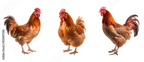 Three brown farm chicken standing animals birds, isolated on transparent background 