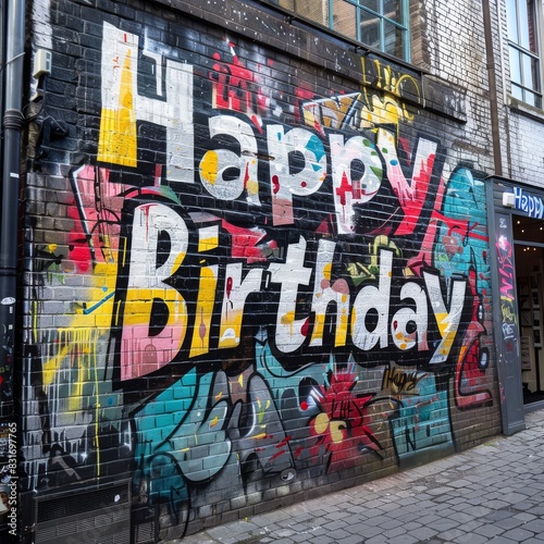 An old wall with graffiti that says Happy Birthday. 