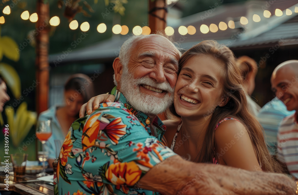 A happy grandfather in a colorful shirt hugging his smiling granddaughter at a table with family and friends on the summer terrace of their modern house