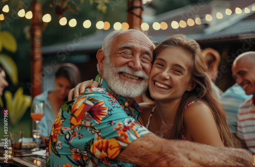 A happy grandfather in a colorful shirt hugging his smiling granddaughter at a table with family and friends on the summer terrace of their modern house © Kien