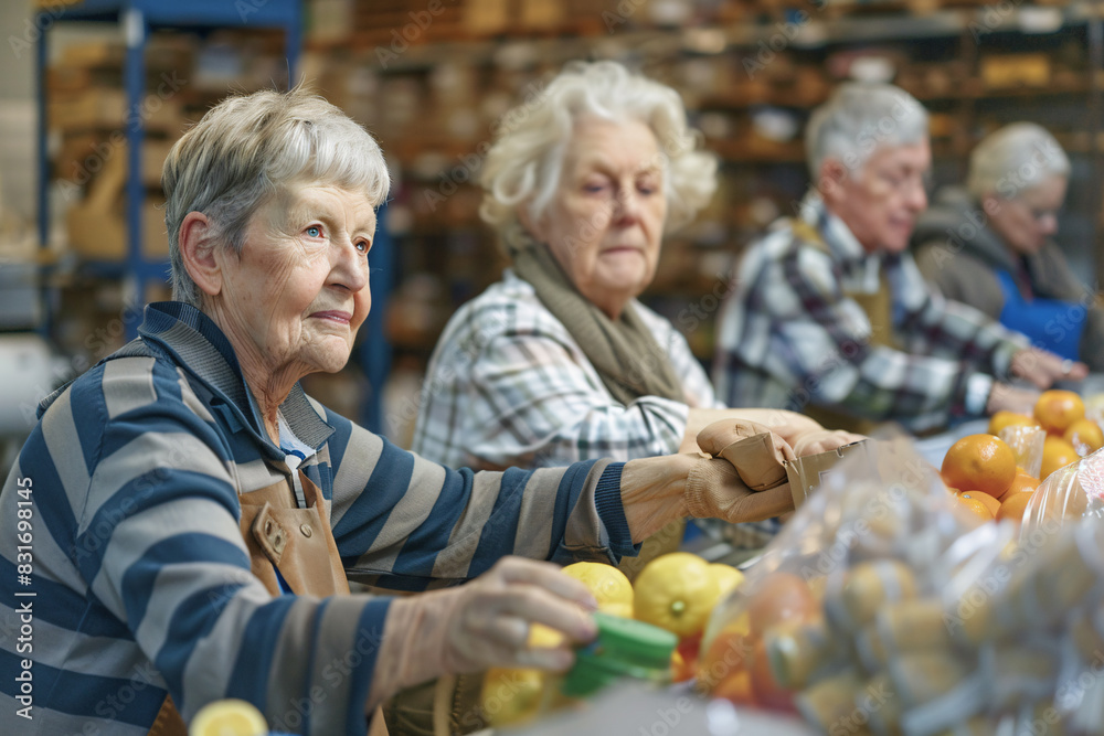 Group of seniors volunteering at a local food bank, sorting donations
Group of seniors volunteering at a local food bank, sorting donations