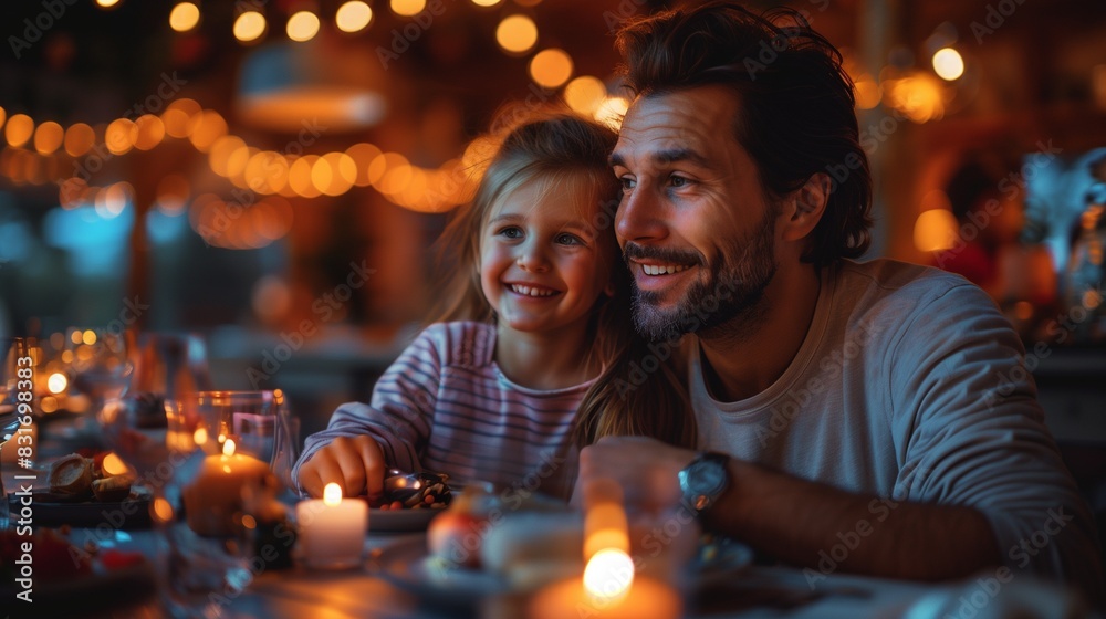 AI generated illustration of Joyful moment of a father and daughter enjoying a meal together at home