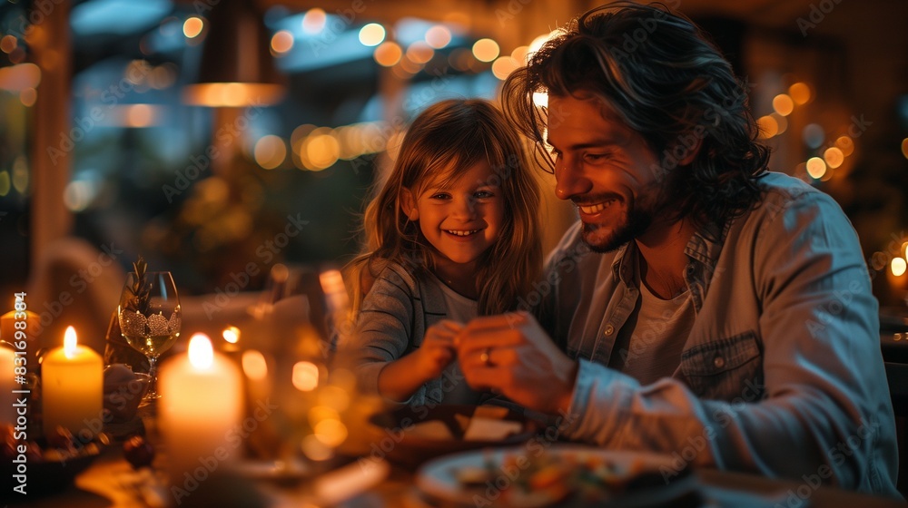 AI generated illustration of Joyful moment of a father and daughter enjoying a meal together at home AI generated illustration of Joyful moment of a father and daughter enjoying a meal together at home