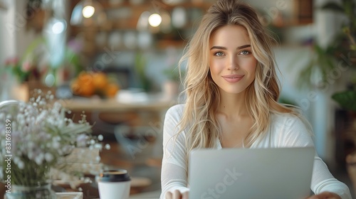 AI generated illustration of A young blonde woman working on her laptop in a bright workspace