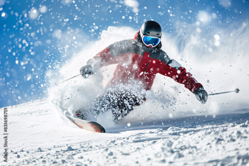 Naklejka premium Snowboarder carving through fresh powder on a sunny day Stock Photo with copy space