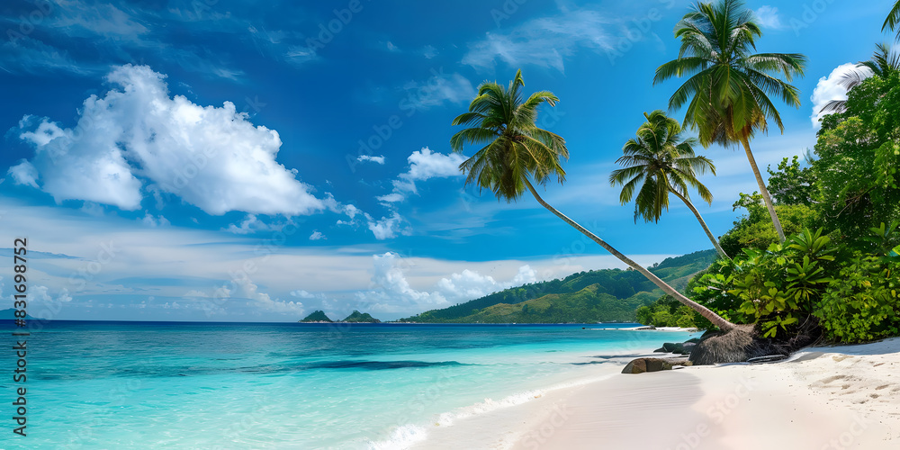 Beautiful tropical beach paradise with palm trees swaying under a sunny sky.