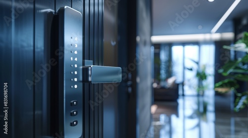 Close-up of a modern steel door with a digital keypad lock, sleek design, isolated background, studio lighting