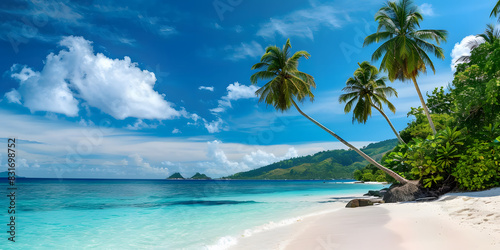 Beautiful tropical beach paradise with palm trees swaying under a sunny sky.