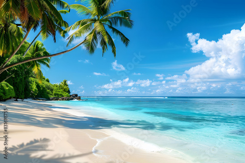 Scenic tropical beach with swaying palm trees lining the white sand shore.