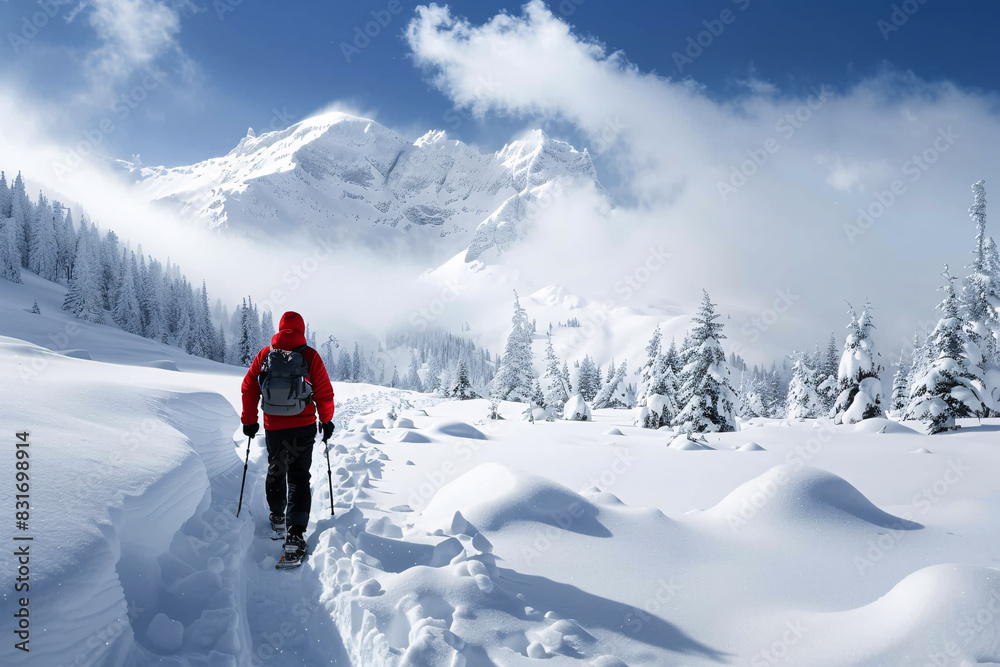 Snowshoer trekking through deep snow in a mountainous area Stock Photo with copy space