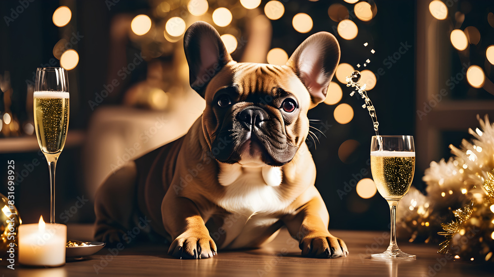 Obraz premium French Bulldog drinking champagne on New Year's Eve party. Generative AI