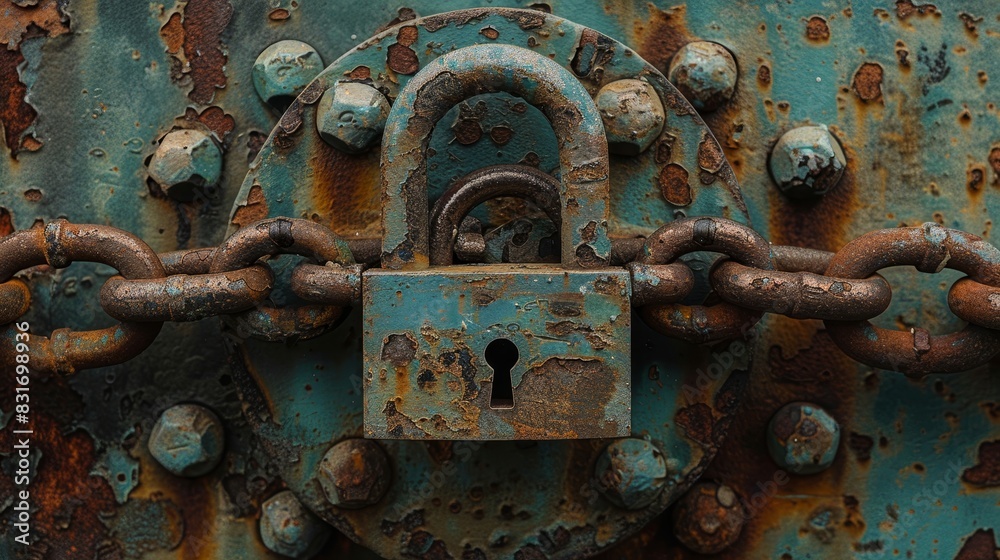 Close-up of a large, weathered padlock secured by heavy chains on a rusty metal door, texture of decay and abandonment Close-up of a large, weathered padlock secured by heavy chains on a rusty metal door, texture of decay and abandonment