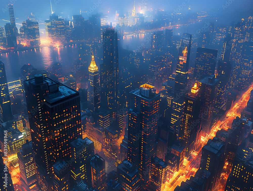 Naklejka premium bustling cityscape at night with illuminated skyscrapers