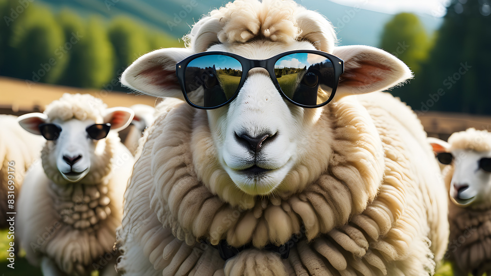 Funny sheep wearing sunglasses, Generative AI