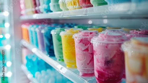 Close-up of an open fridge packed with assorted ice cream containers, colorful labels, ice cubes scattered in the freezer section photo