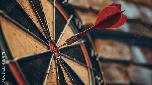 Close-up of a dart hitting the bullseye on a dartboard, symbolizing precision, success, and achievement in a rustic background. photo