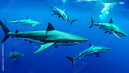 underwater silhouette shot of sharks circling  little fishs 