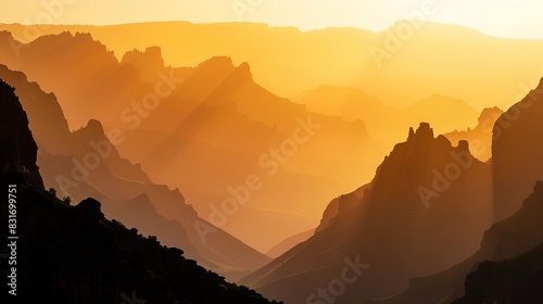 sunset in the mountains forming a beautiful stunning silhouette displaying a variety of shapes and curves with sunlight and sun rays shooting out from the abstract background. Basotho Golden Gate