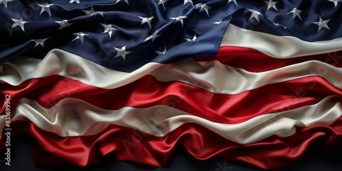 Close-up of American flag with detailed fabric texture and folds showcasing patriotic symbol with rich colors and intricate design 