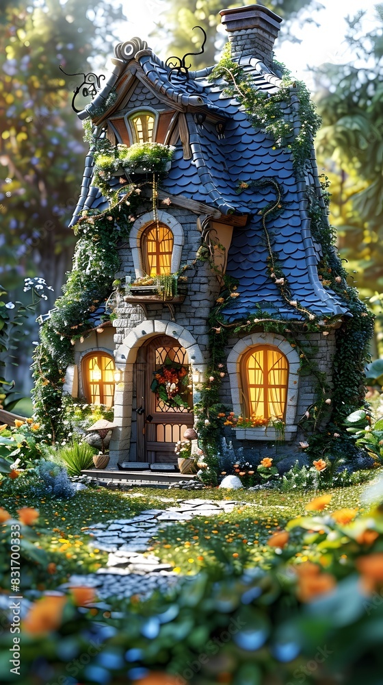 Fototapeta premium A Fanciful Storybook-Inspired Cottage Nestled in a Lush,Nature-Filled Oasis of Enchantment and Wellness