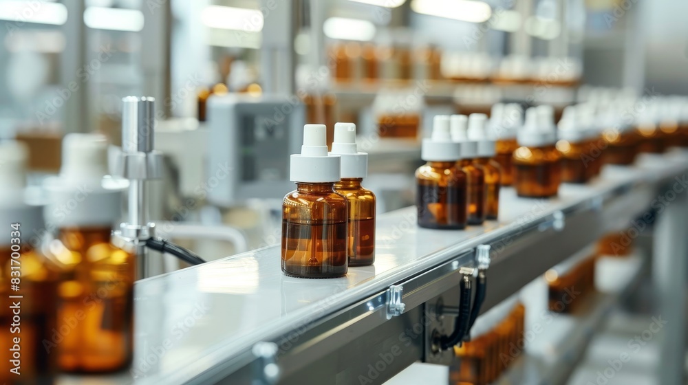 Close-up of an automated packaging line in a medical-grade factory, natural cosmetics in sleek bottles, cutting-edge technology Close-up of an automated packaging line in a medical-grade factory, natural cosmetics in sleek bottles, cutting-edge technology