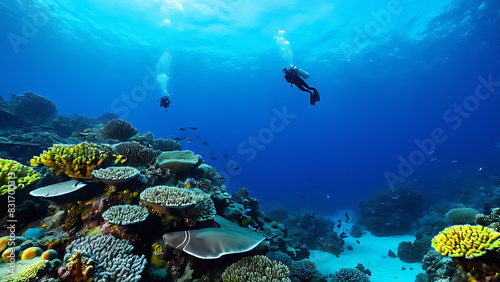 underwater silhouette shot of sharks circling  little fishs 