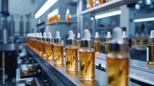 Close-up of an automated packaging line in a medical-grade factory, natural cosmetics in sleek bottles, cutting-edge technology