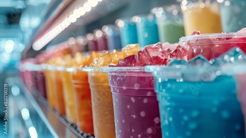 Close-up of an ice cream-filled freezer, colorful buckets contrasting with the clear ice cubes, frosty air visible