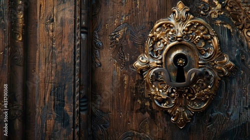 Close-up of an antique wooden door with an ornate brass lock and keyhole, intricate details, isolated background, studio lighting photo