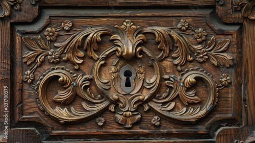 Close-up of an antique wooden door with an ornate brass lock and keyhole, intricate details, isolated background, studio lighting