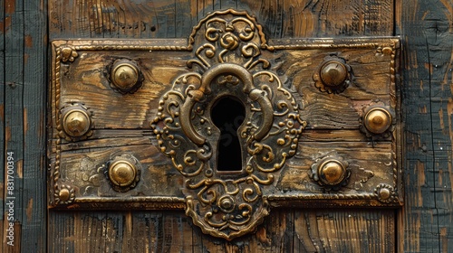 Close-up of an antique wooden door with an ornate brass lock and keyhole, intricate details, isolated background, studio lighting photo