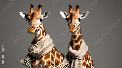 Giraffe wearing a scarf in front of studio background  Generative AI