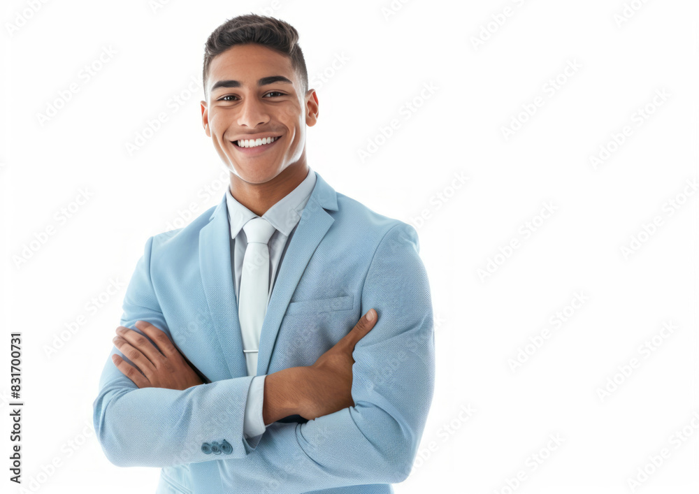 A young businessman in a light blue suit smiling with his arms crossed, isolated on a white background. A young businessman in a light blue suit smiling with his arms crossed, isolated on a white background.